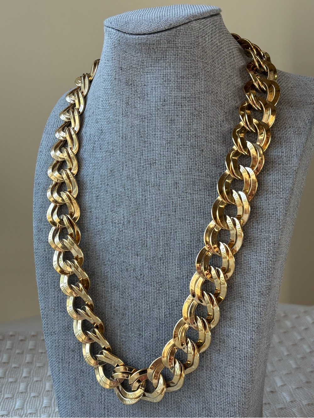 Vintage Monet Signed Long 20” Double Chain Linked Necklace Gold Tone Statement